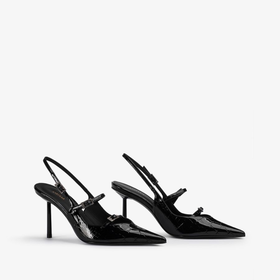 MORGANA SLINGBACK 80 mm-Black crocodile print slingback with straps - Image 2