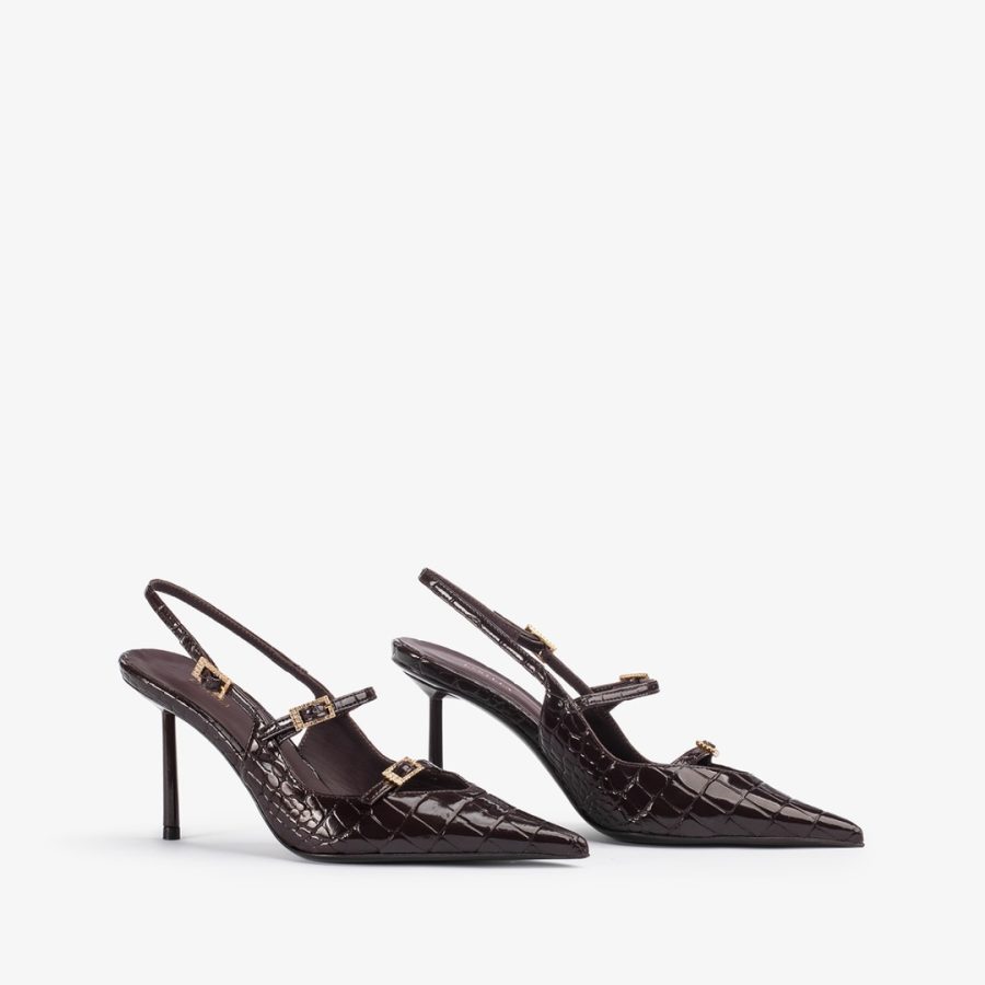 MORGANA SLINGBACK 80 mm-Dark chocolate brown crocodile print slingback with straps - Image 2