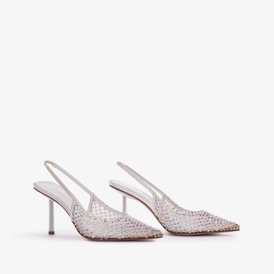 GILDA SLINGBACK 80 mm-Paper white fishnet slingback with Crystals - Image 2