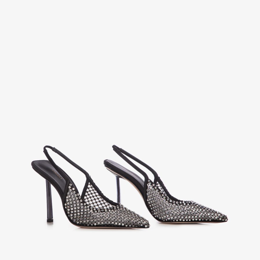 GILDA SLINGBACK 100 mm-Black fishnet slingback with Crystals - Image 2