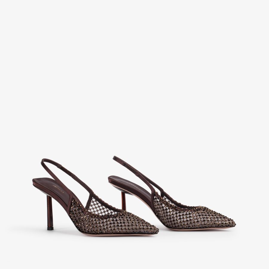 GILDA SLINGBACK 80 mm-Dark chocolate brown fishnet slingback with Crystals - Image 2