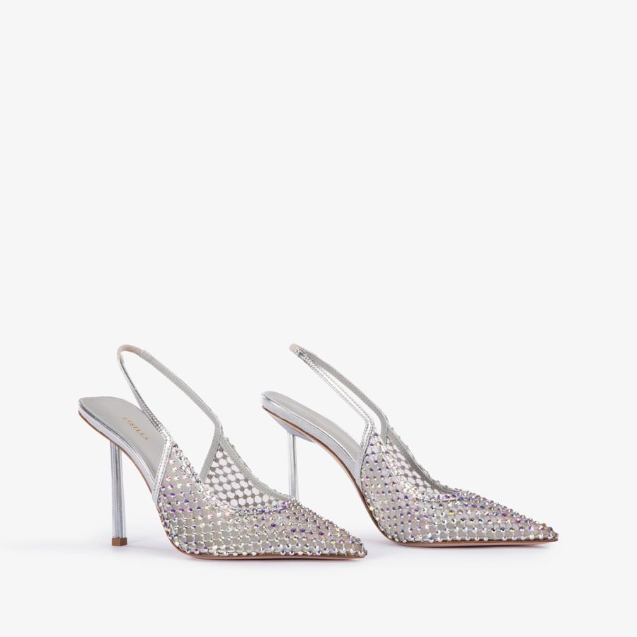 GILDA SLINGBACK 100 mm-Eclipse silver fishnet slingback with Crystals - Image 2