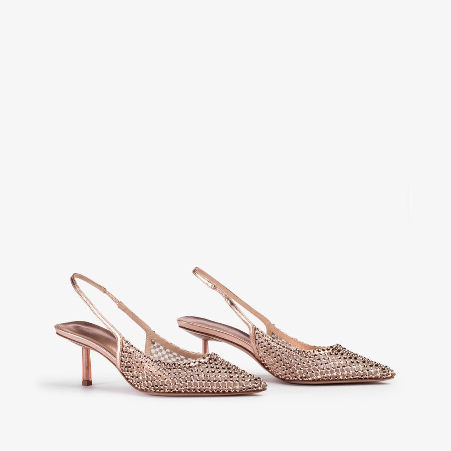 GILDA SLINGBACK 60 mm-Gold pink fishnet slingback with Crystals - Image 2