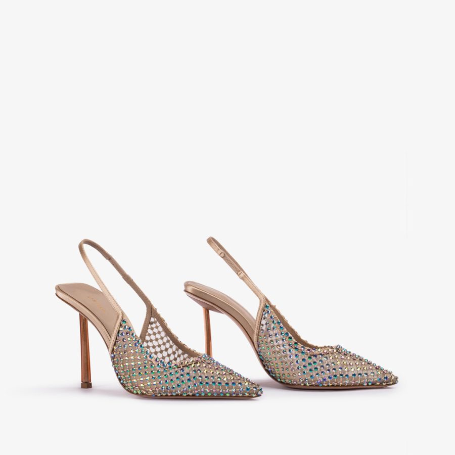 GILDA SLINGBACK 100 mm-Gold fishnet slingback with iridescent Crystals - Image 2