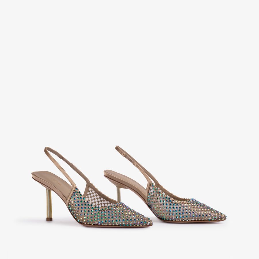 GILDA SLINGBACK 80 mm-Gold fishnet slingback with iridescent Crystals - Image 2