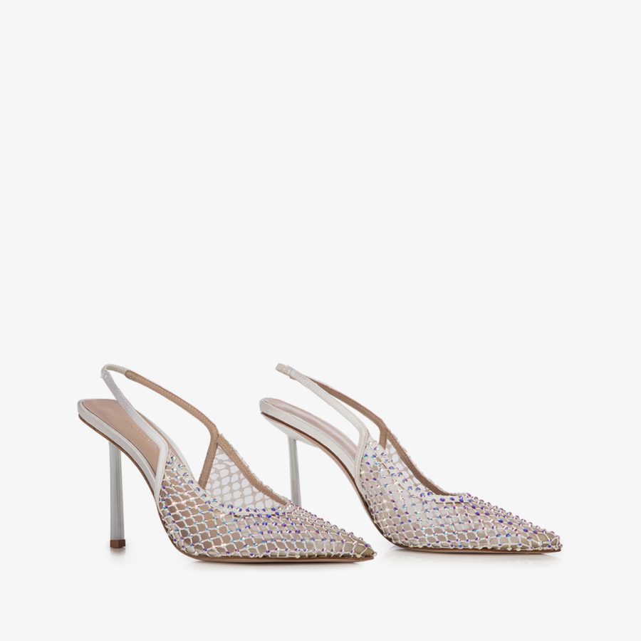 GILDA SLINGBACK 100 mm-White fishnet slingback with Crystals - Image 2