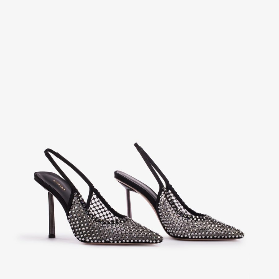 GILDA SLINGBACK 100 mm-Black fishnet slingback with silver Crystals - Image 2