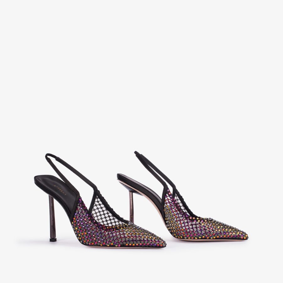 GILDA SLINGBACK 100 mm-Black fishnet slingback with iridescent Crystals - Image 2