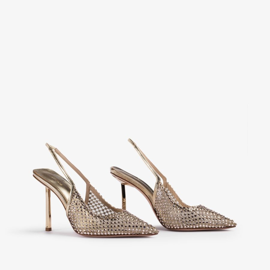 GILDA SLINGBACK 100 mm-Platinum fishnet slingback with Crystals - Image 2