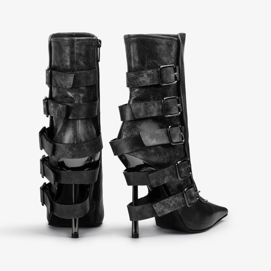 COURTNEY ANKLE BOOT 120 mm-Black vintage effect leather ankle boot with buckles - Image 3