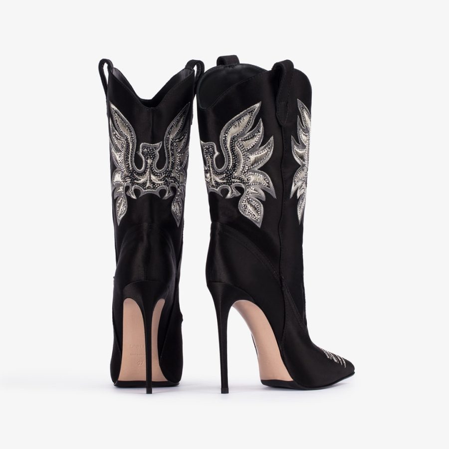 EVA COWBOY ANKLE BOOT 120 mm-Black satin Western-inspired ankle boot with Crystals - Image 3