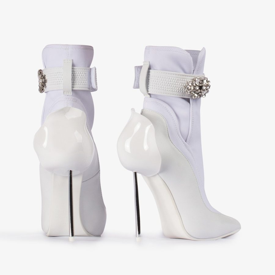 SNORKELING ANKLEBOOT 120 mm-White leather and fabric ankle boot with silver Crystals - Image 3