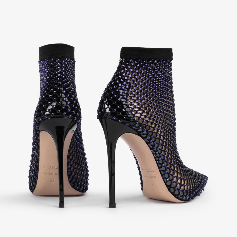 GILDA ANKLE BOOT 120 mm-Midnight blue fishnet ankle boot with Crystals - Image 3