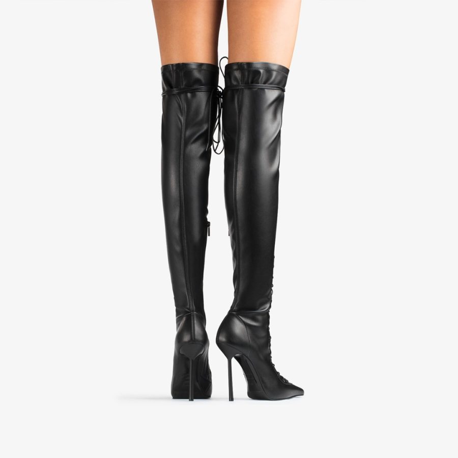 COLETTE THIGH-HIGH BOOT 120 mm-Black stretch vegan leather lace-up over-the-knee boot - Image 3