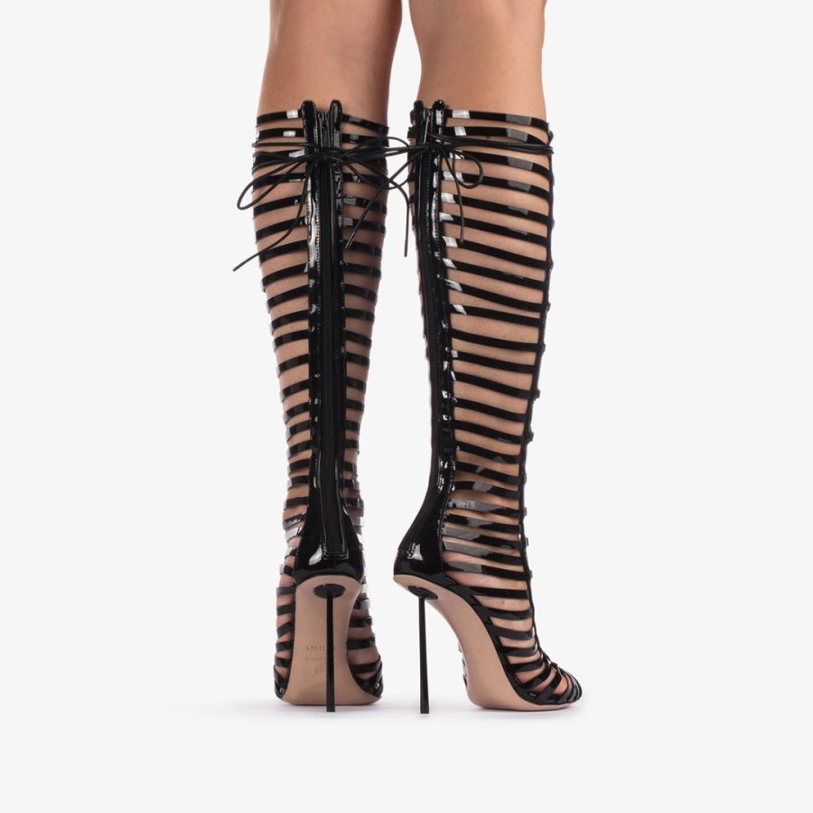 CAGE BOOT 120 mm-Black patent leather gladiator knee boot with straps - Image 3