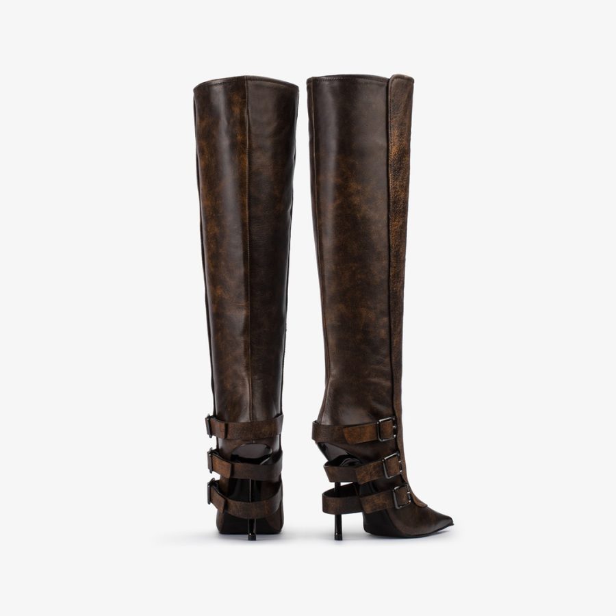 COURTNEY BOOT 120 mm-Brown vintage effect leather knee boot with buckles - Image 3