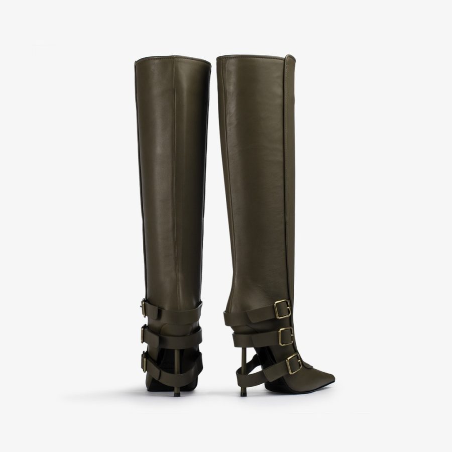 COURTNEY BOOT 120 mm-Khaki green nappa knee boot with buckles - Image 3