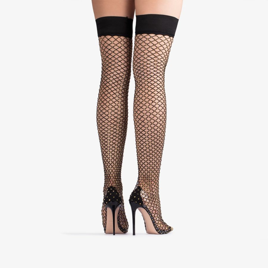 GILDA THIGH-HIGH BOOT 120 mm-Black fishnet thigh-high boot with gold Crystals - Image 3