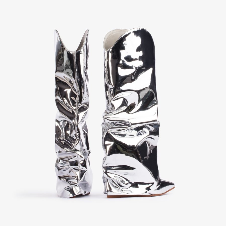 ANDY COWBOY BOOT 120 mm-Silver metallic cuffed Western-inspired knee boot - Image 3