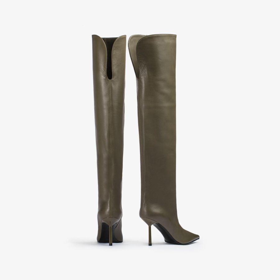 BELLA BOOT 80 mm-Khaki green nappa leather over-the-knee boot - Image 3