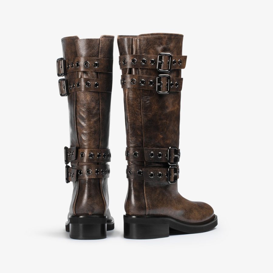 HARLEY BOOT 50 mm-Brown vintage effect leather boot with gray buckles and eyelets - Image 3