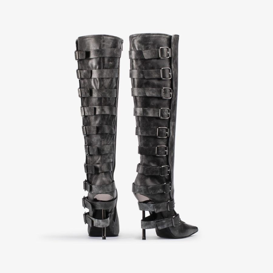 COURTNEY BOOT 120 mm-Black vintage effect leather knee boot with buckles - Image 3