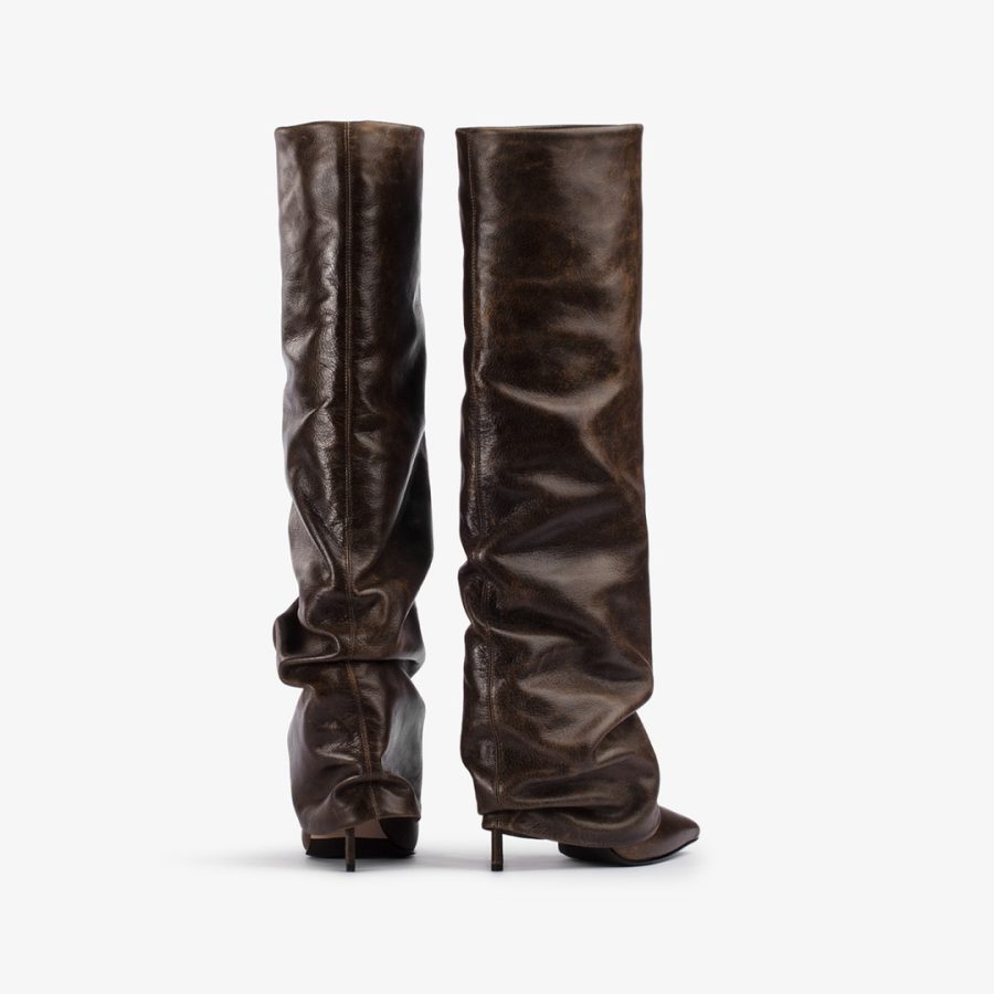 ANDY BOOT 120 mm-Brown vintage effect leather cuffed knee boot - Image 3