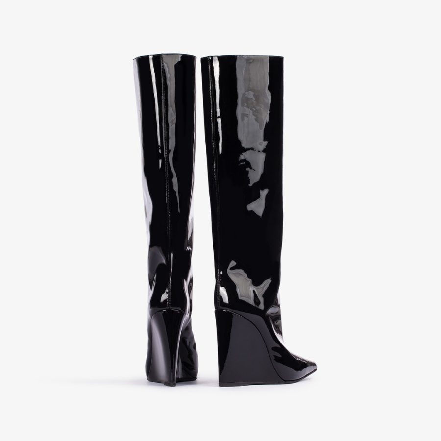 KIRA BOOT 120 mm-Black patent leather knee boot with wedge heel - Image 3