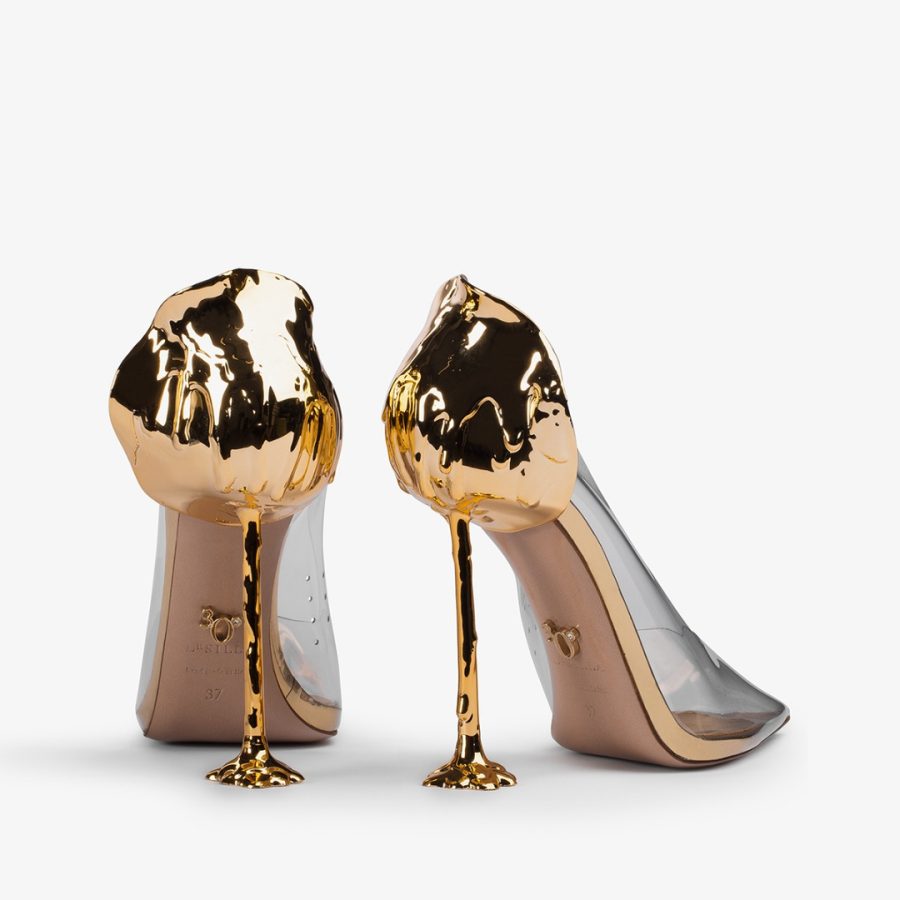 ANTHEA PUMP 120 mm-Transparent plexy Petalo pump with gold heel - Image 3