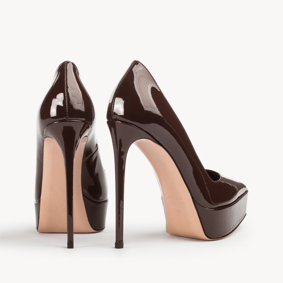 UMA PUMP 140 mm-Dark chocolate brown patent leather platform pump - Image 3