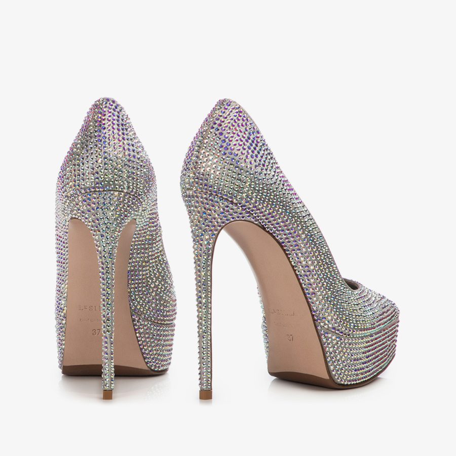 UMA PUMP 140 mm-Silver satin and Crystals platform pump - Image 3