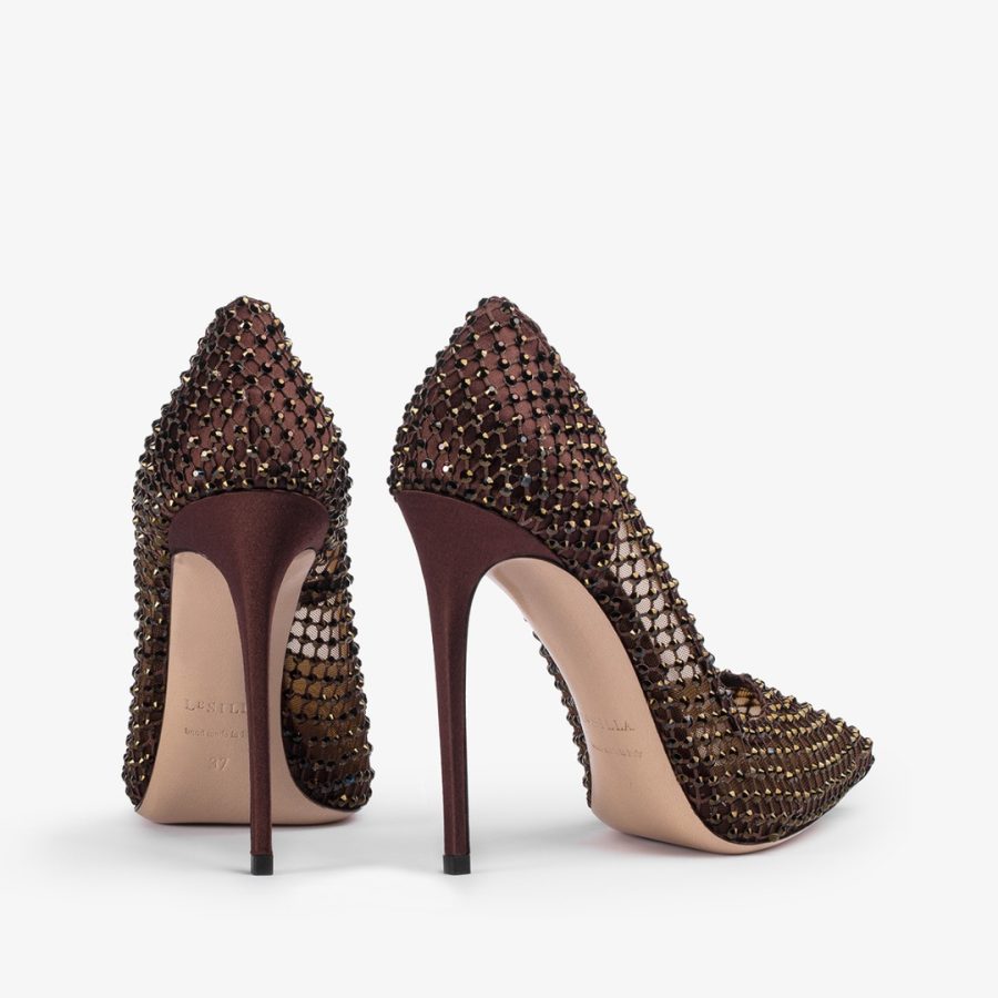 GILDA PUMP 120 mm-Dark chocolate brown fishnet pump with Crystals - Image 3