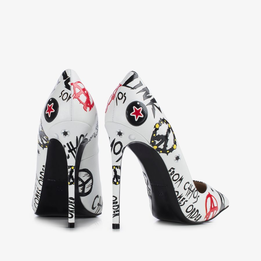 PUNK PUMP 120 mm-White leather pump with black prints - Image 3