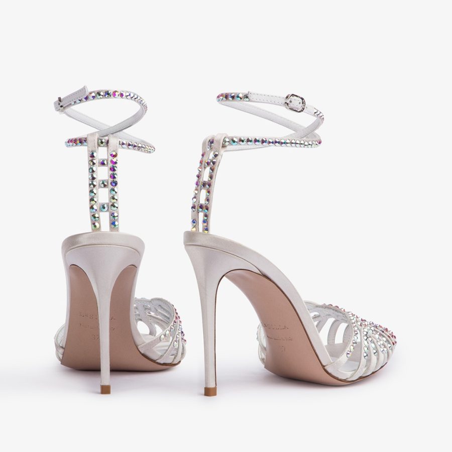 AFRODITE SANDAL 105 mm-White satin and Crystals sandal - Image 3