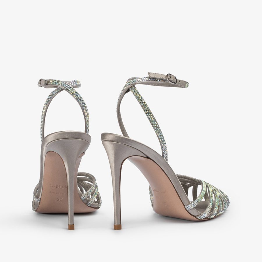 EMBRACE SANDAL 110 mm-Silver satin sandal with Crystals - Image 3