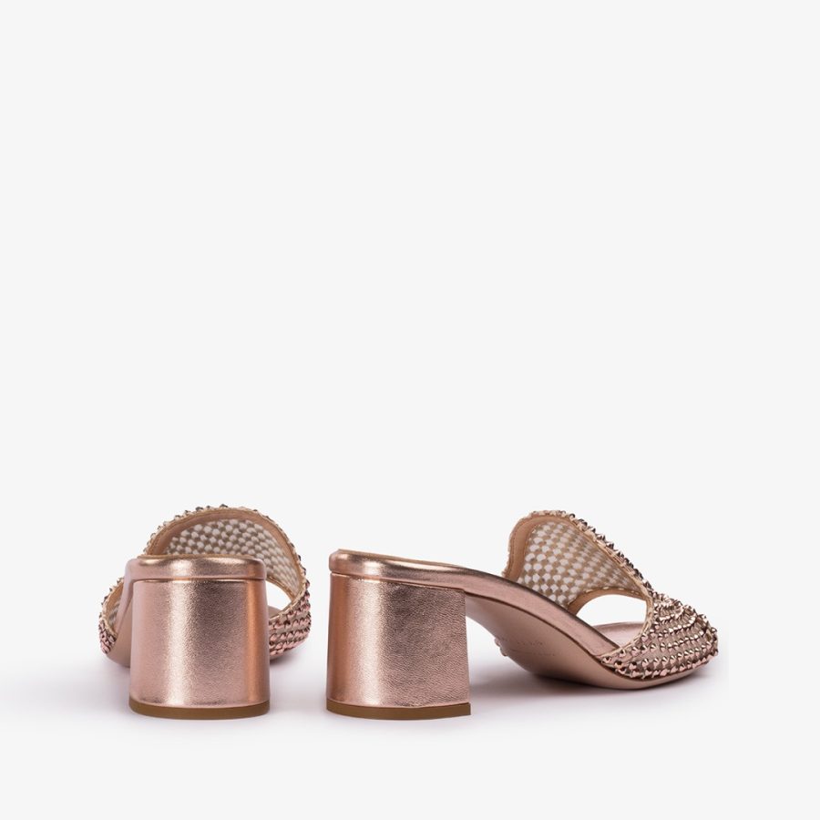 GILDA SANDAL 60 mm-Gold pink fishnet sandal with Crystals - Image 3