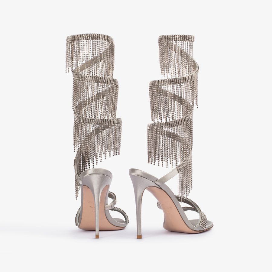 JEWELS SANDAL 110 mm-Silver satin sandal with silver fringes - Image 3