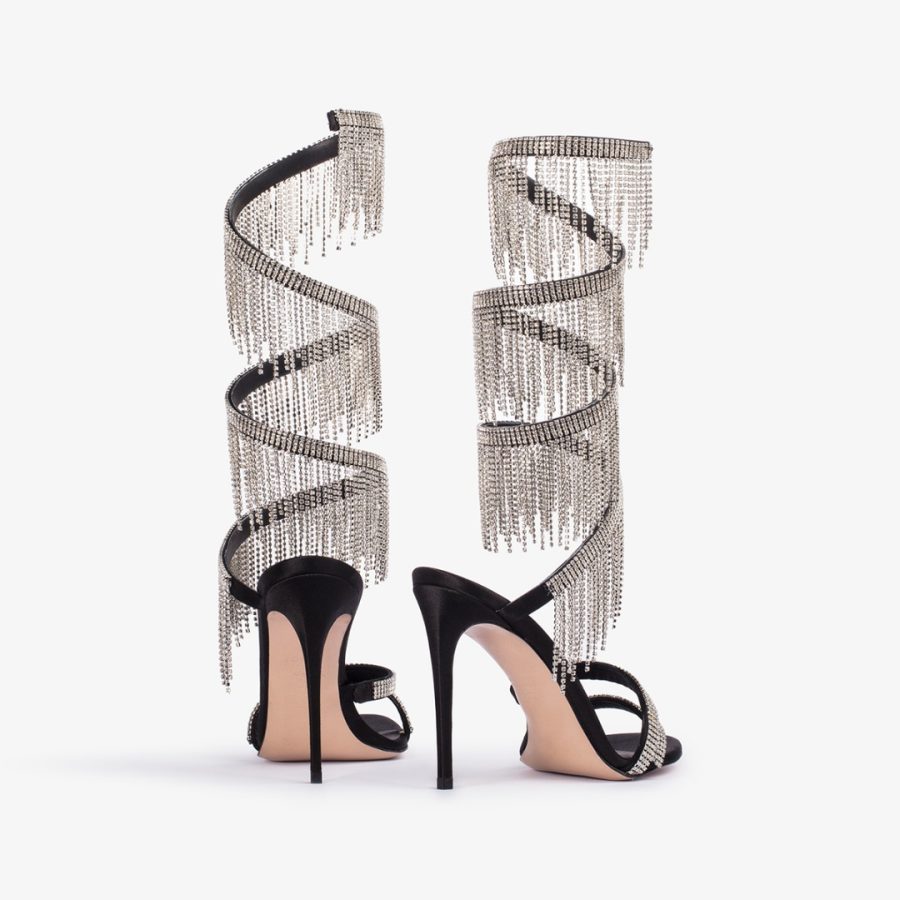 JEWELS SANDAL 110 mm-Black satin sandal with silver fringes - Image 3