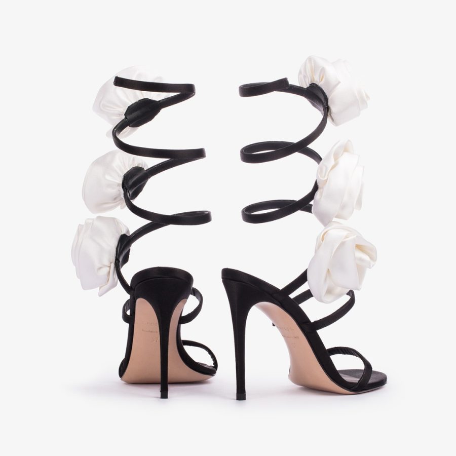 ROSE SANDAL 110 mm-Black satin sandal with white roses - Image 3