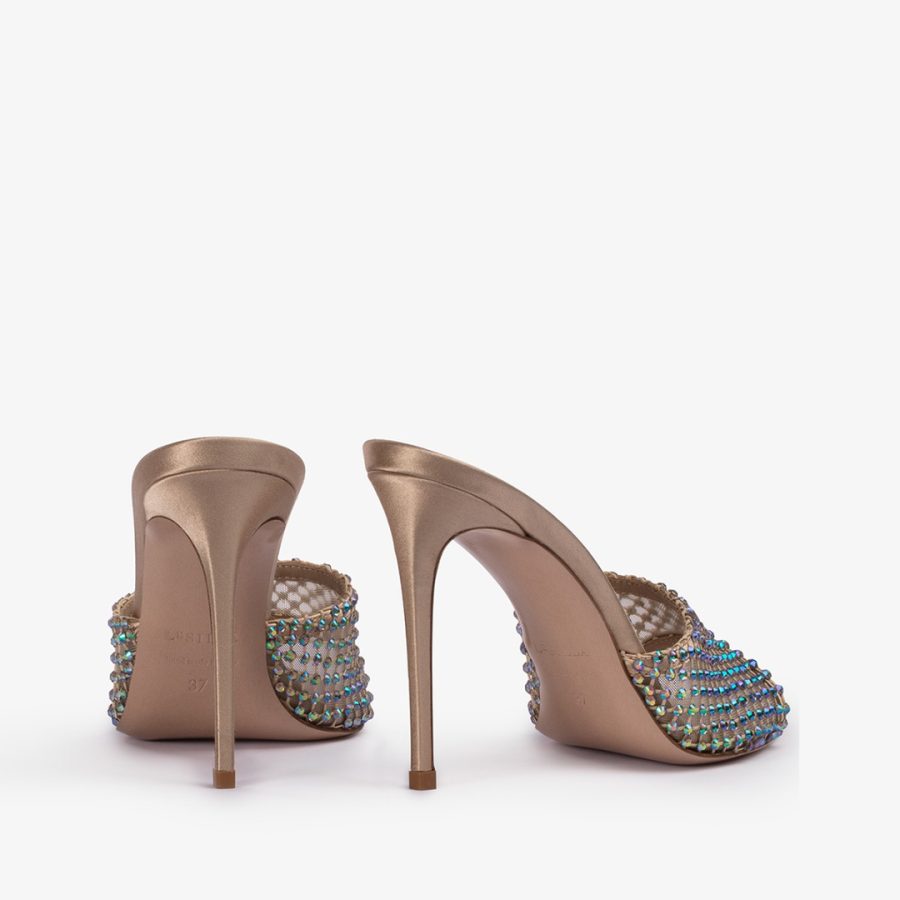 GILDA SANDAL 110 mm-Gold fishnet mule sandal with iridescent Crystals - Image 3