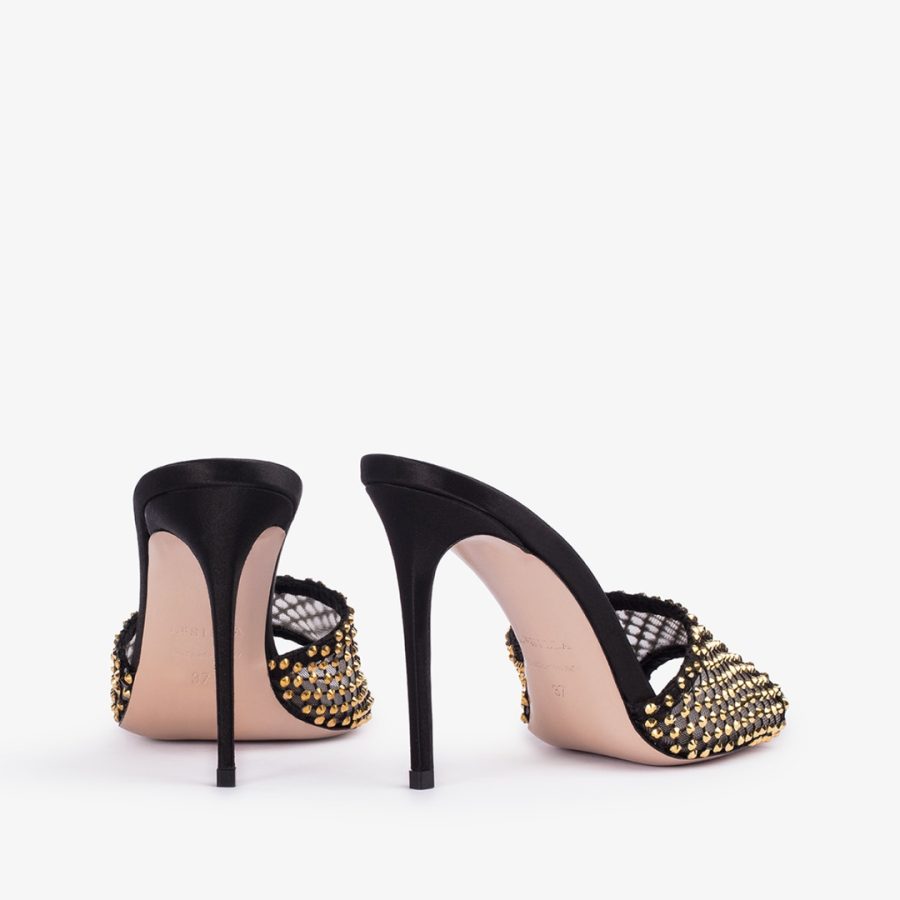 GILDA SANDAL 110 mm-Black fishnet sandal with gold Crystals - Image 3