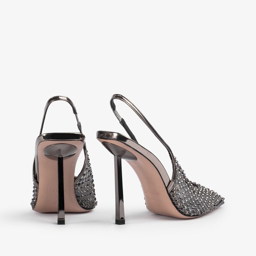 GILDA SLINGBACK 100 mm-Pewter fishnet slingback with Crystals - Image 3