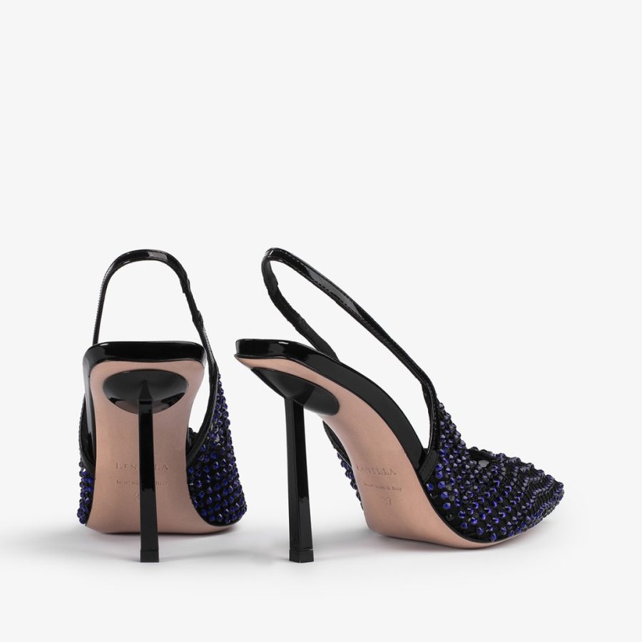 GILDA SLINGBACK 100 mm-Midnight blue fishnet slingback with Crystals - Image 3