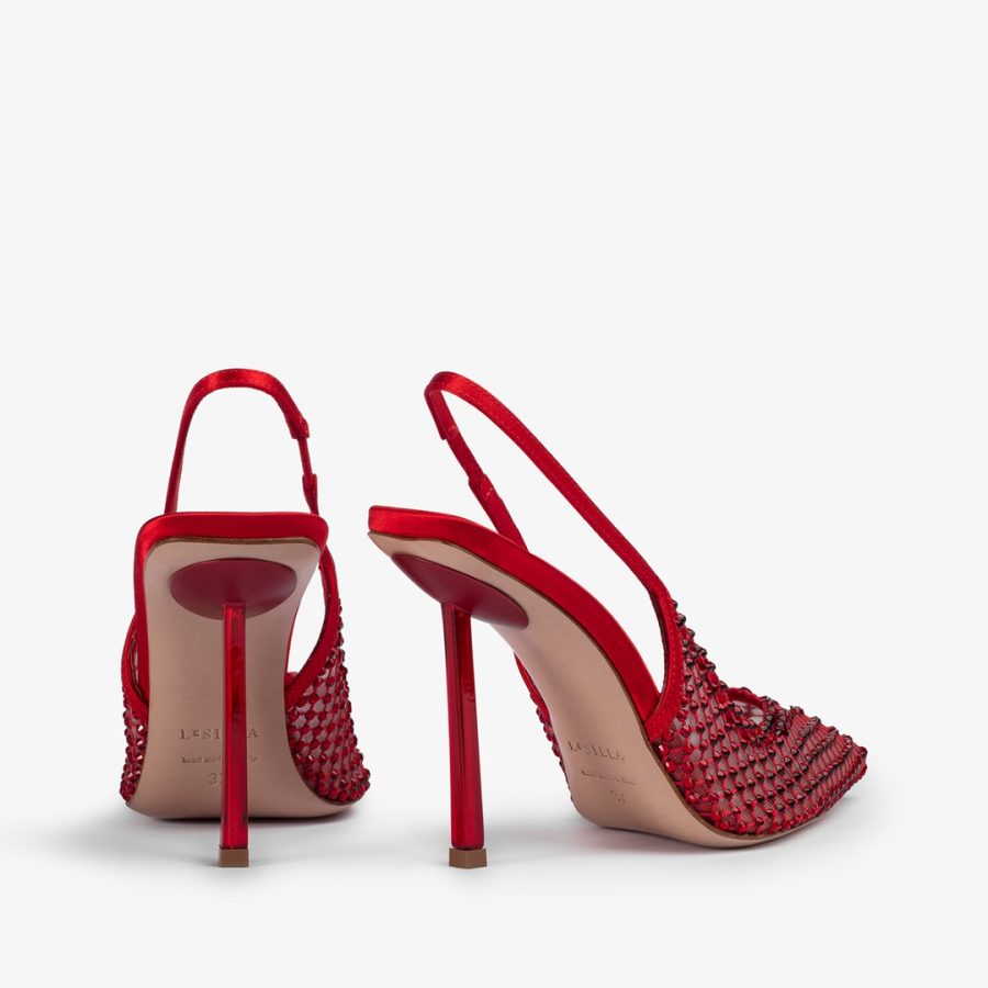 GILDA SLINGBACK 100 mm-Red fishnet slingback with Crystals - Image 3