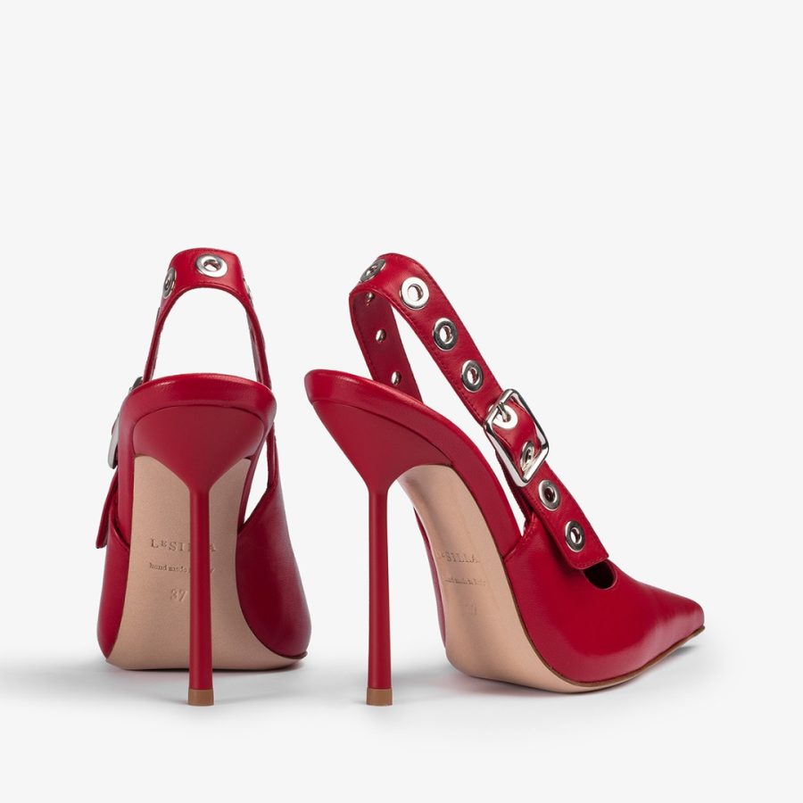 COURTNEY SLINGBACK 120 mm-Red leather slingback with silver eyelets - Image 3