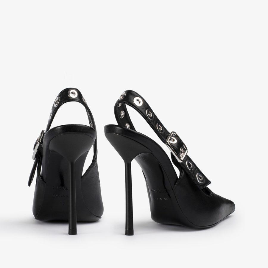 COURTNEY SLINGBACK 120 mm-Black leather slingback with silver eyelets - Image 3