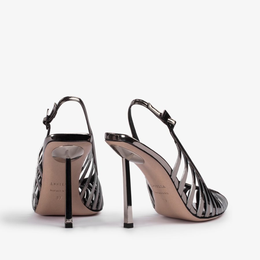 CAGE SLINGBACK 100 mm-Pewter metallic slingback with straps - Image 3