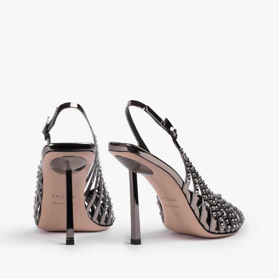 CAGE SLINGBACK 100 mm-Pewter metallic slingback with straps and Crystals - Image 3