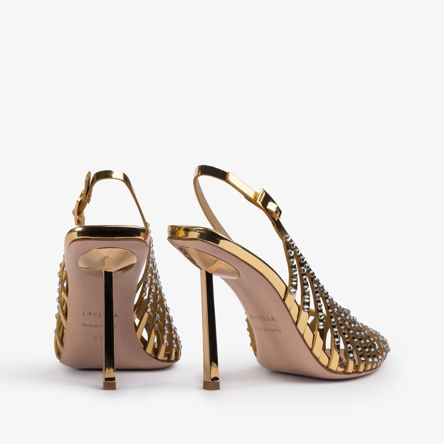 CAGE SLINGBACK 100 mm-Nugget gold metallic slingback with straps and Crystals - Image 3