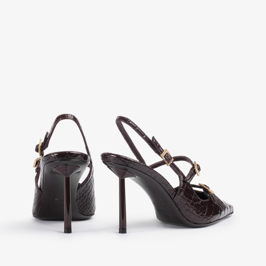 MORGANA SLINGBACK 80 mm-Dark chocolate brown crocodile print slingback with straps - Image 3